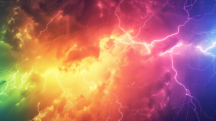 colored lightning strikes, bright neon rainbow colors