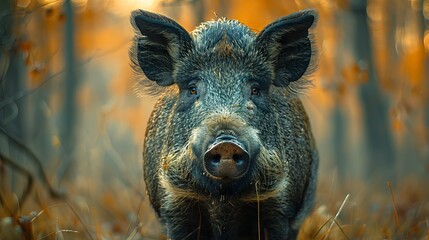 AI generated illustration of a wild boar stares at camera in forest
