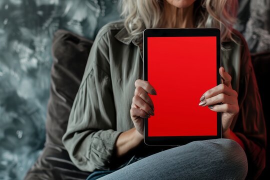 Application mockupover the shoulder shot of a mature woman holding an ebook with a fully red screen