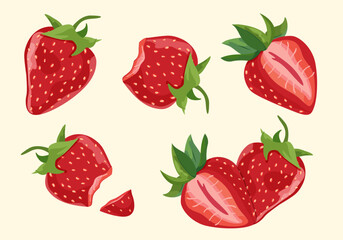 Strawberry Fruit Collection Set Vector Juicy red fruit, whole, cut in half, bitten off for magazines, website, postcards, posters. Isolated. 