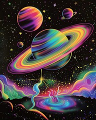 A colorful rainbow galaxy with planets and stars in the background, black space background, colorful universe, cosmic theme, cosmic explosion, colorful rings of gas swirling around planet Saturn A psy