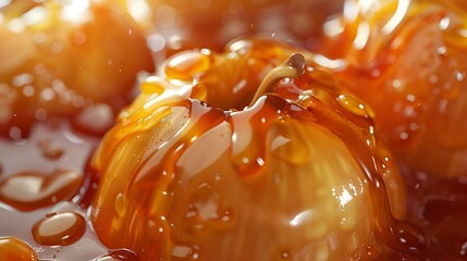 several orange balls in the water with brown sauce all over them