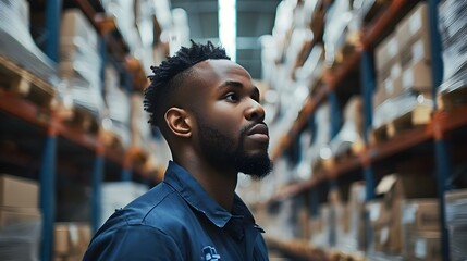Focused Employee Amidst Warehouse Shelves. Concept Warehouse Efficiency, Focused Employee, Organized Inventory, Productivity in Action - obrazy, fototapety, plakaty