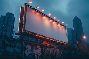 a large blank billboard mounted on the side of a weathered building amidst dense city architecture.