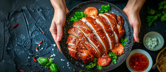 Peking Duck is a famous Chinese dish featuring crispy roasted duck with thin, crisp skin, served with hoisin sauce, sliced scallions, and thin pancakes for wrapping. - obrazy, fototapety, plakaty