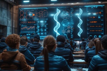 a group of students sitting in front of a room with projection screen behind them