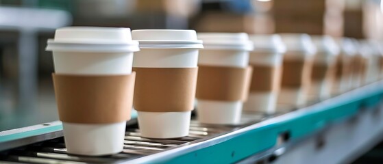 A row of blank paper coffee cups on a factory conveyor belt - obrazy, fototapety, plakaty