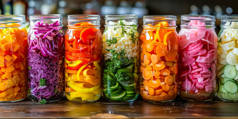 A vibrant collection of assorted fermented foods displayed in clear glass jars - obrazy, fototapety, plakaty