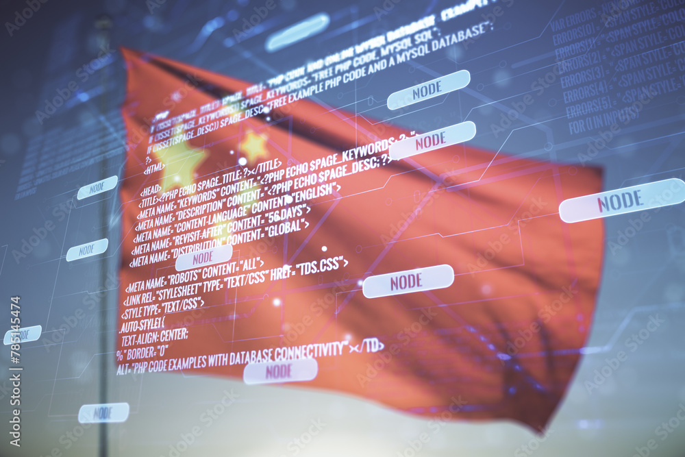 Poster multi exposure of abstract creative coding sketch on flag of china and sunset sky background, artifi