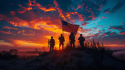 Silhouetted soldiers raising the American flag against a vibrant sunrise on Independence Day