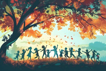 Autumn Trees: Vector Illustration of Park and Forest Scenes with Orange Leaves, Grunge Design