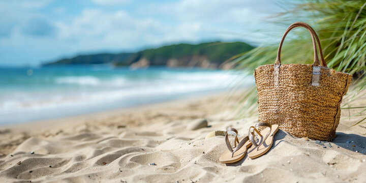 Woven straw tote bag and flip-flops on sandy beach with azure sea and distant cliffs in soft focus Copy Space