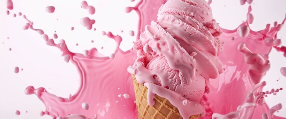 "Melting Pink Ice Cream Cone Splash on White Background"