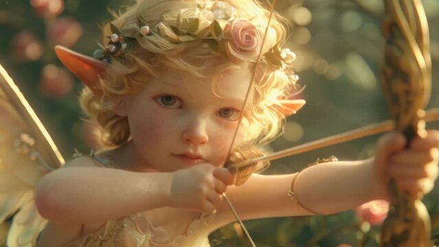 Cute cupid shoots cupid's arrows from his bow after people fall in love. Valentine's Day. Beautiful little cherub. Romantic holiday card. Illustration art.
