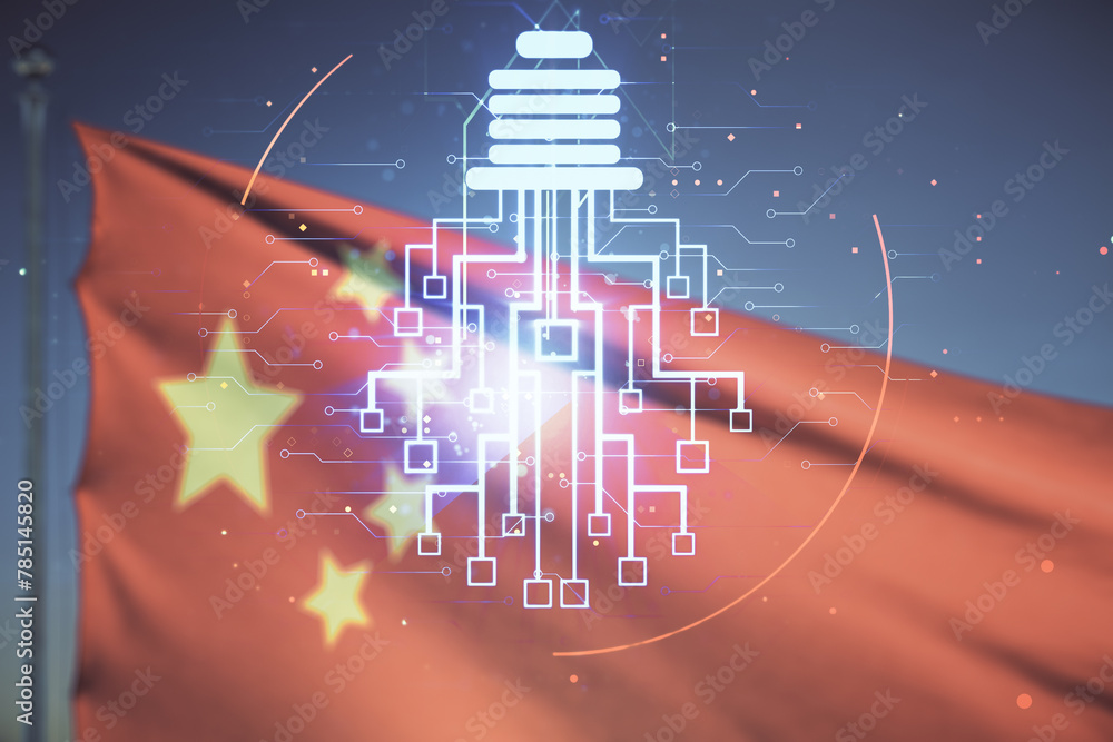 Poster virtual creative light bulb with chip hologram on chinese flag and sunset sky background, artificial