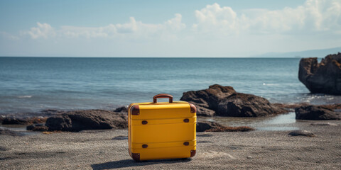 Fototapeta na wymiar Yellow travel suitcase on an ocean sandy beach with large stones. Tourist hand luggage on the sea coast.