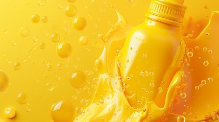 A 3D illustration of the essence of chicken bottle with yellow liquid splashes, bubbles, and molecules on a yellow background.