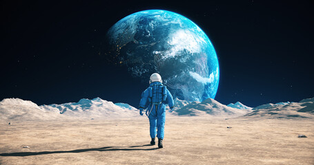 Astronaut Walking On The Moon. Blue Planet Earth Visible. Space Exploration. Lunar Station.