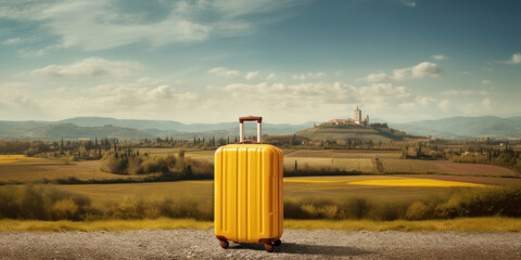 Yellow travel suitcase with Mediterranean landscape view. Tourist hand luggage on the hills of an...