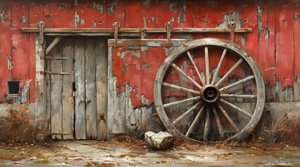 a rusty wheel sitting outside a barn door and a house