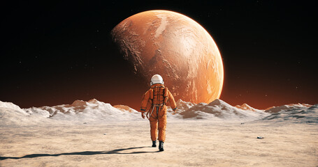 Male Astronaut In Space Suit Walking On Alien Planet. Planet Mars Is Visible. Space Related Majestic Scene.
