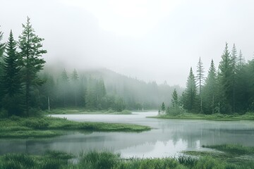a lake is surrounded by tall evergreens and trees in the fog