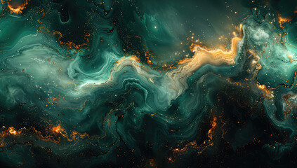 Abstract dark fantasy, black and teal marble with gold veins. Created with Ai - obrazy, fototapety, plakaty
