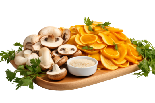 Citrus Delights: Sliced Oranges and Mushrooms on Cutting Board. On White or PNG Transparent Background. - Powered by Adobe