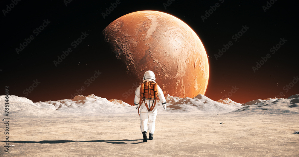 Wall mural astronaut on an alien planet walking to his base. mars is visible. space related majestic scene.