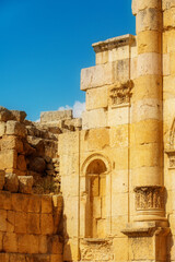 Close-up view of the Temple of Zeus in the ancient Roman settlement of Gerasa in Jerash, Jordan