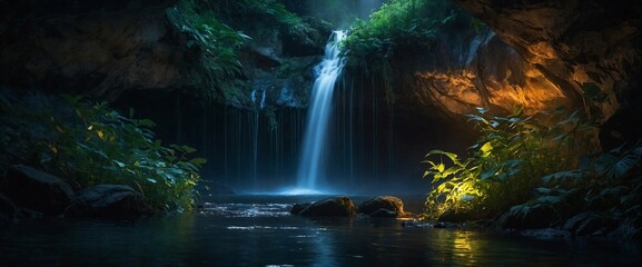 Fototapeta na wymiar AI generated illustration of a hyper-realistic photograph of a nighttime view of a waterfall
