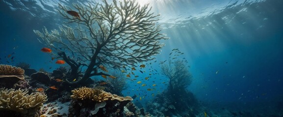 Fototapeta na wymiar AI generated illustration of a hyper-realistic photograph of an underwater view with coral reefs