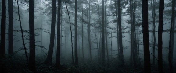 AI generated illustration of a hyper-realistic photograph of a foggy forest