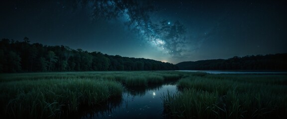 AI generated illustration of a hyper-realistic photograph of a starry sky over a serene lake