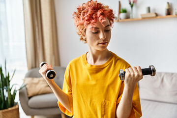 beautiful young queer person in vibrant sport attire exercising with dumbbells while at home