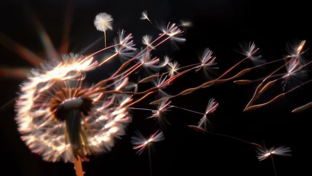 In the darkness of night, dandelion seeds glow ethereally. The delicate tufts dancing in the wind emit red, orange and yellow lights, like tiny fireworks. 
