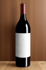 AI generated illustration of a red wine bottle with empty label on rustic table