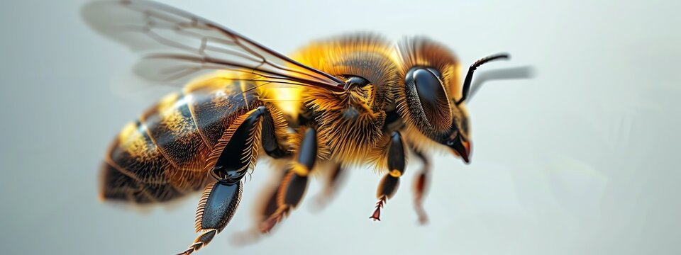 Illustrate a single bee in motion, its delicate wings fluttering, in a photorealistic digital rendering with a wide-angle perspective