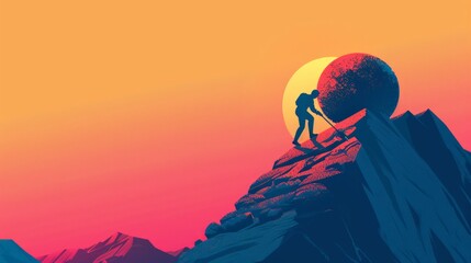 Person Pushing Boulder Up Mountain at Sunset