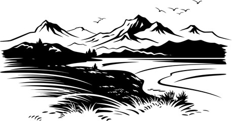 Fototapeta premium Mountain Dreams Coastal Sketch Icon Seascape Serenity Sketchy Mountain Emblem