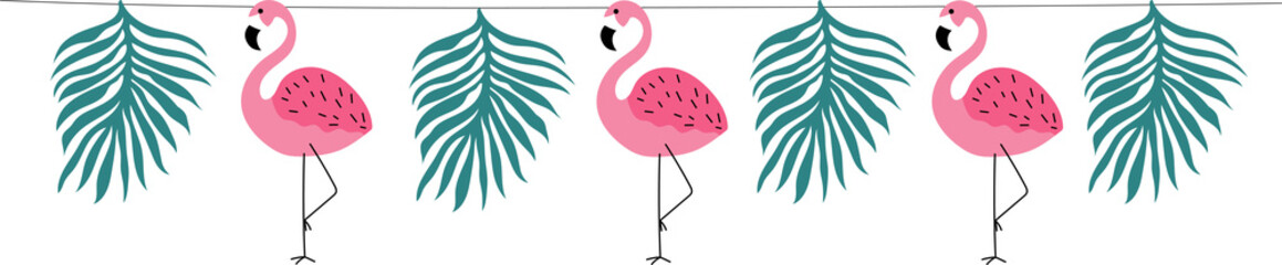 Handdrawn summer party decoration garland with flamingo and palm leaves © Yulia