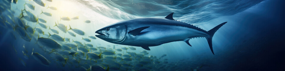  Big tuna hunts a group of fish swimming underwater in the ocean. A school of sea fish in the sun's...