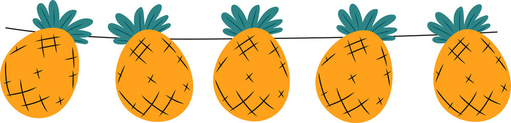 Bright and colourful summer garland decoration. Handdrawn pineapples.