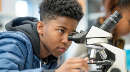 AI generated illustration of a young boy examining something using a microscope - obrazy, fototapety, plakaty
