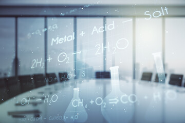 Double exposure of abstract virtual chemistry hologram on a modern meeting room background, research and development concept