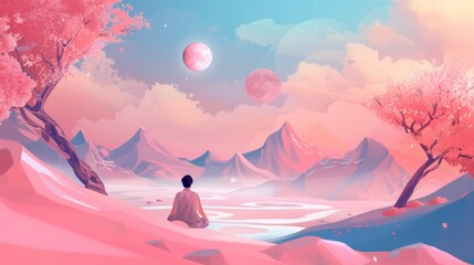 Meditative Solitude in a Surreal Pink Landscape