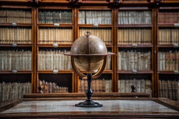 A Globe in front of book Shelves