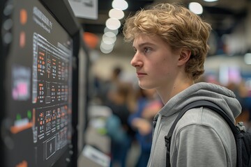 a young man in a sweatshirt stares at a computer screen - obrazy, fototapety, plakaty