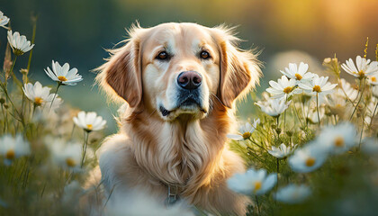 Golden Retriever dog breed in field with white flowers. Cute pet. Domestic animal. Blurred backdrop.