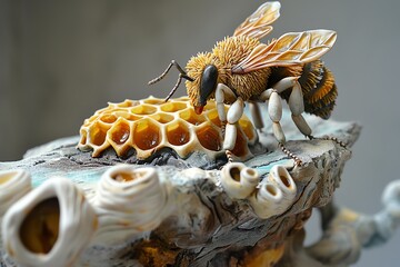 Illustrate the industrious nature of a bee carrying a honeycomb in a clay sculpture medium Highlight the texture of the bees fuzzy body and the shiny, reflective surface of the honey-filled comb with 